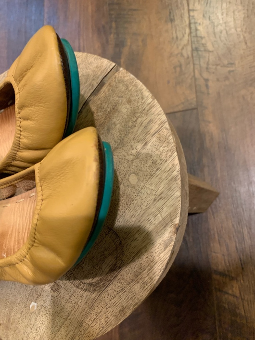 Tieks Mustard Yellow Leather Ballet Flats with Teal Heel Tab - Picture 3 of 8